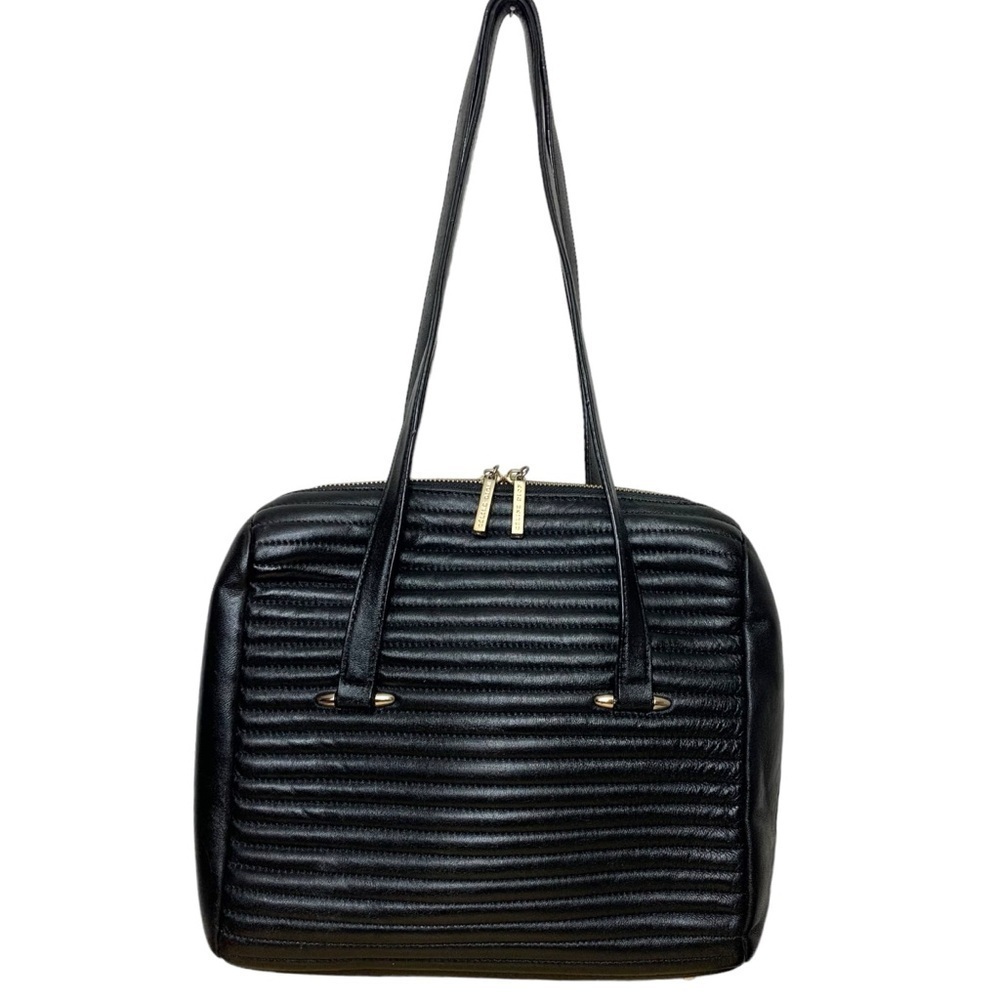 Celine Dion Black Leather Satchel Quilted Double Handles Classic Shoulder Bag